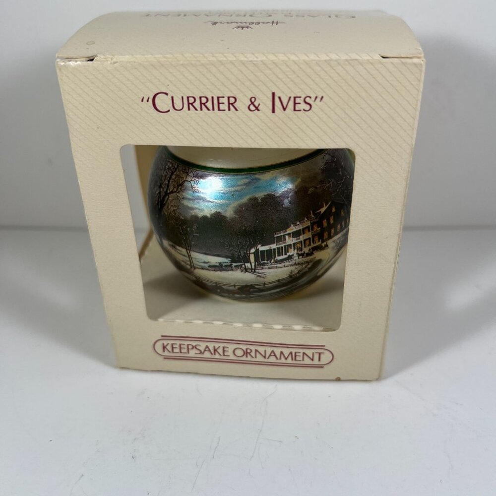 "Currier & Ives" Hallmark Glass Christmas Ornament American Winter Scene Keepsak